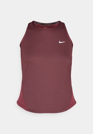 Burgundská tielko s okrúhlym výstrihom, bez rukávov, priedušnými bočnými sieťovinami a malým bielym logom Nike na prednej strane.