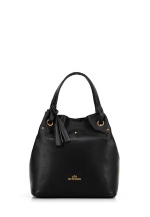 Black leather bucket bag with a textured finish, gold hardware accents, dual handles, and a tassel detail. Brand logo displayed on the front.