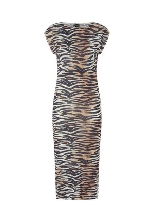 Robe midi sans manches à silhouette ajustée avec un motif de rayures de tigre en tons noir, blanc et marron.