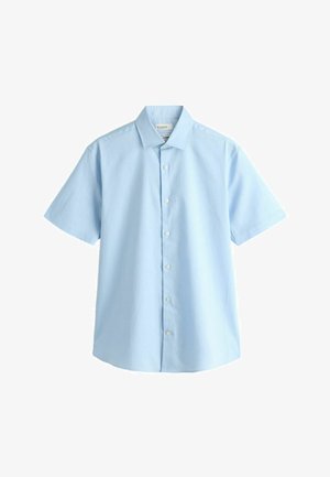 Light blue short-sleeve button-up shirt with a pointed collar, displayed on a white background.
