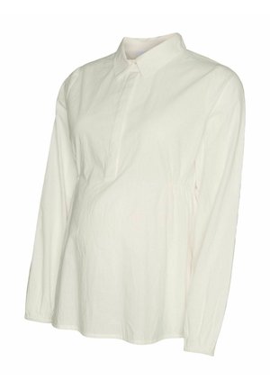 Blusa de maternidad blanca de manga larga con cuello puntiagudo y tapeta de botones delanteros oculta, ligeramente fruncida en la cintura.
