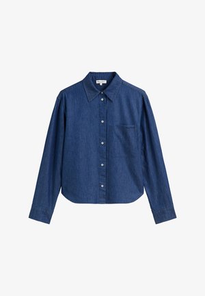 Dunkelblaue Denim-Bluse mit langen Ärmeln, einem spitzen Kragen, Knopfverschluss vorne, Brusttasche und einer lockeren, verkürzten Silhouette.