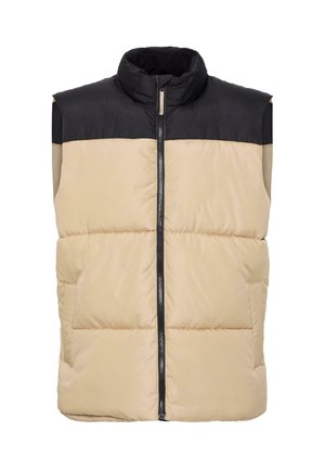 Puffer vest with a high collar, featuring a cream and black color block design. Lightweight, zip closure, and side pockets. Smooth texture.