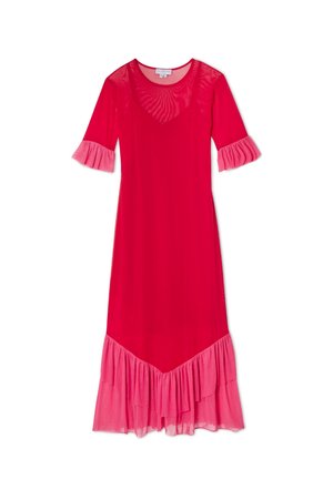 Punane midi-kleit läbipaistva kangaga, küünarnukipikkuste varrukatega ja roosade volangidega varrukatel ning all ääres.