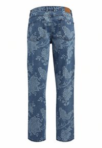 Blue denim jeans featuring a floral pattern in light blue. Straight leg design with two back pockets and a brown leather patch at the waist.