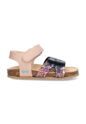 Kinder sandaal met een kurken zool, lichtroze enkelbandje en multikleurrige glinsterende voorbanden met klittenbandsluiting.