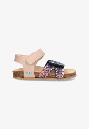 Kinder sandaal met een kurken zool, lichtroze enkelbandje en multikleurrige glinsterende voorbanden met klittenbandsluiting.