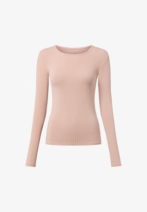 Long-sleeve, ribbed top in light pink. Features a round neckline and fitted silhouette. Made from stretch fabric for comfort.