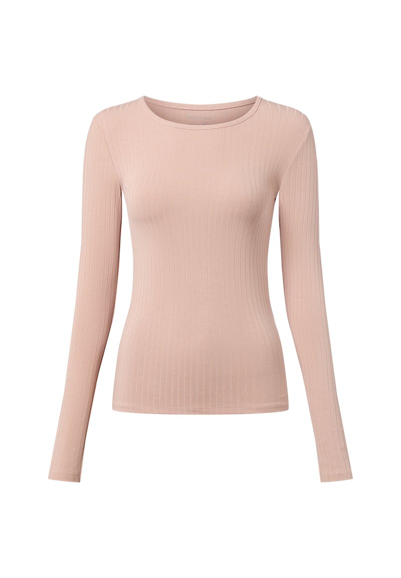 Długi rękaw, prążkowany top w jasnoróżowym kolorze. Posiada okrągły dekolt i dopasowany krój. Wykonany z elastycznego materiału dla zapewnienia komfortu.