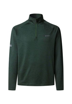 Donkergroene lange mouwen pullover met een halve ritssluiting en een kraag, gemaakt van textuurstof. Bevat een logo op de borst en gemusterde mouwen.