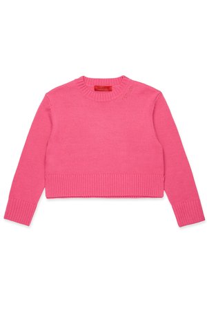Kuttet strikkegenser i lys rosa med ribbede mansjetter og nederkant. Tekstilet har en myk tekstur. Har logo detalj nær halsen.