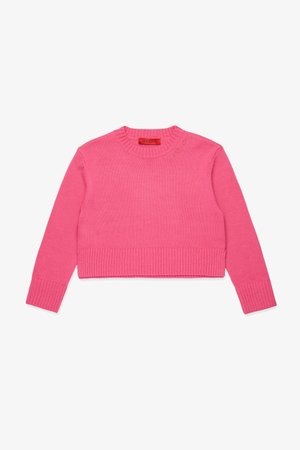 Pull en maille court de couleur rose vif avec des poignets et un ourlet côtelés. Le textile a une texture douce. Présente un détail de logo près du col.