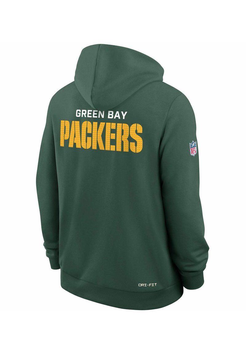 Grüner Kapuzenpullover mit Kordelzug, auf der Rückseite mit "GREEN BAY PACKERS" in Gelb und dem NFL-Logo auf der rechten Schulter. DRI-FIT-Material.