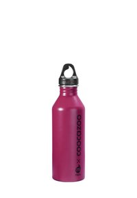 Metallic rosa wiederverwendbare Wasserflasche mit schwarzem Schraubdeckel und senkrechter schwarzer "mizu x coocazoo" Beschriftung an der Seite.