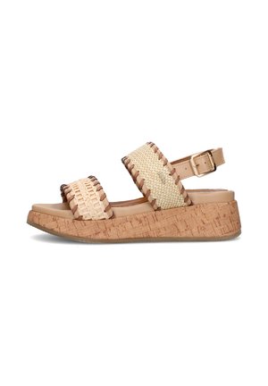 Sandalo beige con zeppa, suola in sughero, due cinturini intrecciati sul piede e cinghietta regolabile alla caviglia con fibbia.