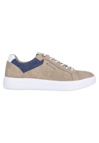Beige suede sneaker with blue denim accents, white rubber sole, and gray laces. Features a small logo on the side and a reinforced heel.