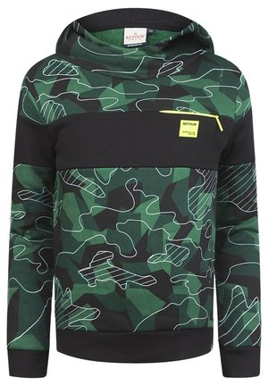 Groene en zwarte camouflage hoodie met een voorzak, voorzien van witte lijnpatronen, een trekkoordkap en ribgebreide manchetten en onderrand.
