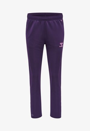 Pantaloni sportivi viola realizzati in tessuto morbido, con vita elastica, vestibilità slim e un logo rosa sulla coscia sinistra.