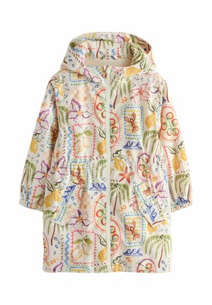Leichte Kapuzenjacke in Cremefarbe mit buntem Blumen- und Fruchtmuster. Verfügt über einen durchgehenden Frontreißverschluss und elastische Bündchen.