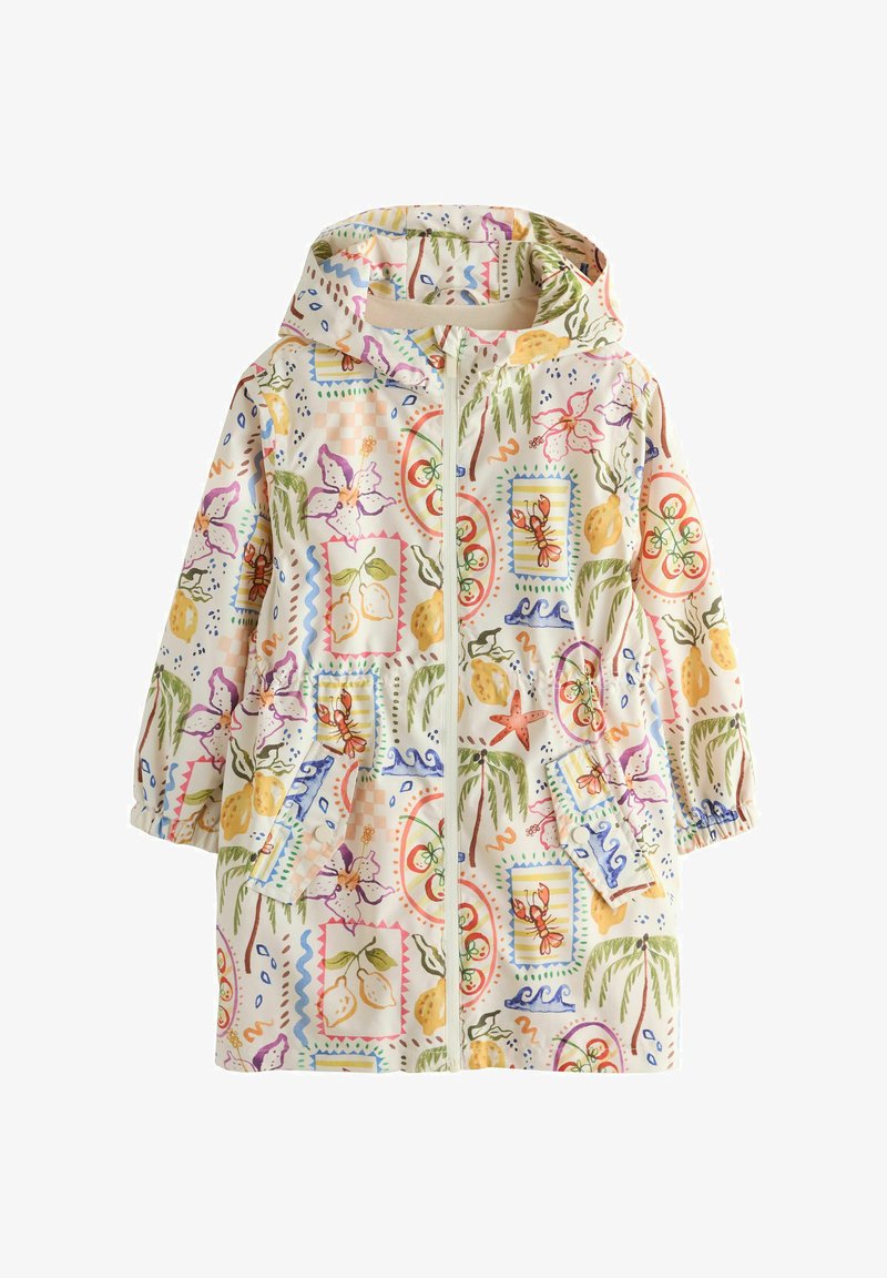 Chaqueta ligera con capucha en color crema con un patrón colorido de flores y frutas. Cuenta con cremallera completa en la parte delantera y puños elásticos.