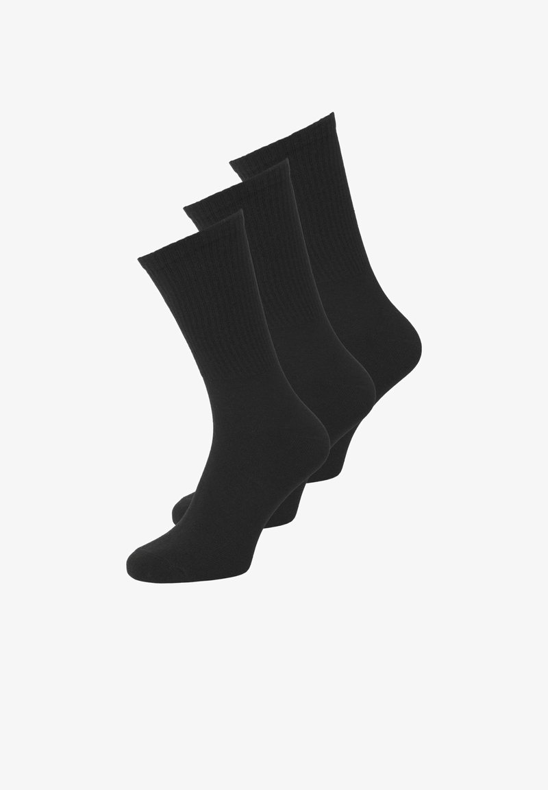 Black cotton socks, ribbed texture, mid-calf length, pack of three, smooth finish, no patterns or hardware, uniform color throughout.