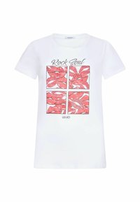 T-shirt bianca a maniche corte con una grafica quadrata decorata con fiori rosa e il testo "Rock Soul" in glitter nero sopra.