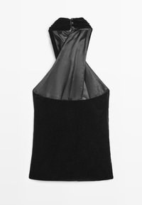 Top in velluto nero con un design elegante, fodera in raso e spalline incrociate, fissato sul retro da due bottoni decorativi.