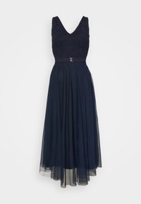 Abito blu navy con scollo a V e corpetto in pizzo, dotato di una cintura in vita e una gonna in tulle fluente che arriva fino a metà polpaccio.