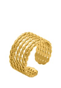 Bracciale a manica in oro con un design aperto caratterizzato da filamenti attorcigliati e una finitura texturizzata, che presenta un bordo ondulato su un lato.