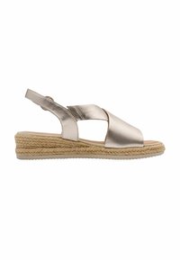 Sandale compensée en bronze métallisé avec brides croisées, semelle enveloppée de jute et talon ouvert, dotée d'une semelle intérieure rembourrée pour le confort.