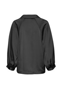 Black satin blouse with a loose fit, raglan sleeves, and a classic collar. Features gathered cuffs and a smooth, glossy texture.