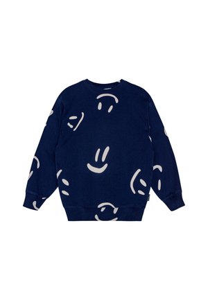 Dunkelblaues Sweatshirt mit verstreuten, hellgrauen, abstrakten Smiley-Gesichtsdrucken, langen Ärmeln sowie Rippbündchen und -saum.