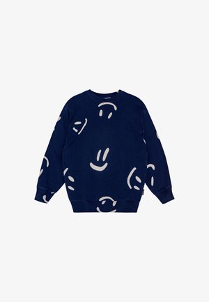 Marineblå sweatshirt med spredte let grå abstrakte smiley-ansigttryk, lange ærmer og ribbet manchetter og kant.