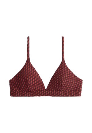 Haut de bikini triangle à motif rouge avec fines bretelles ajustables et tissu texturé sur fond blanc.