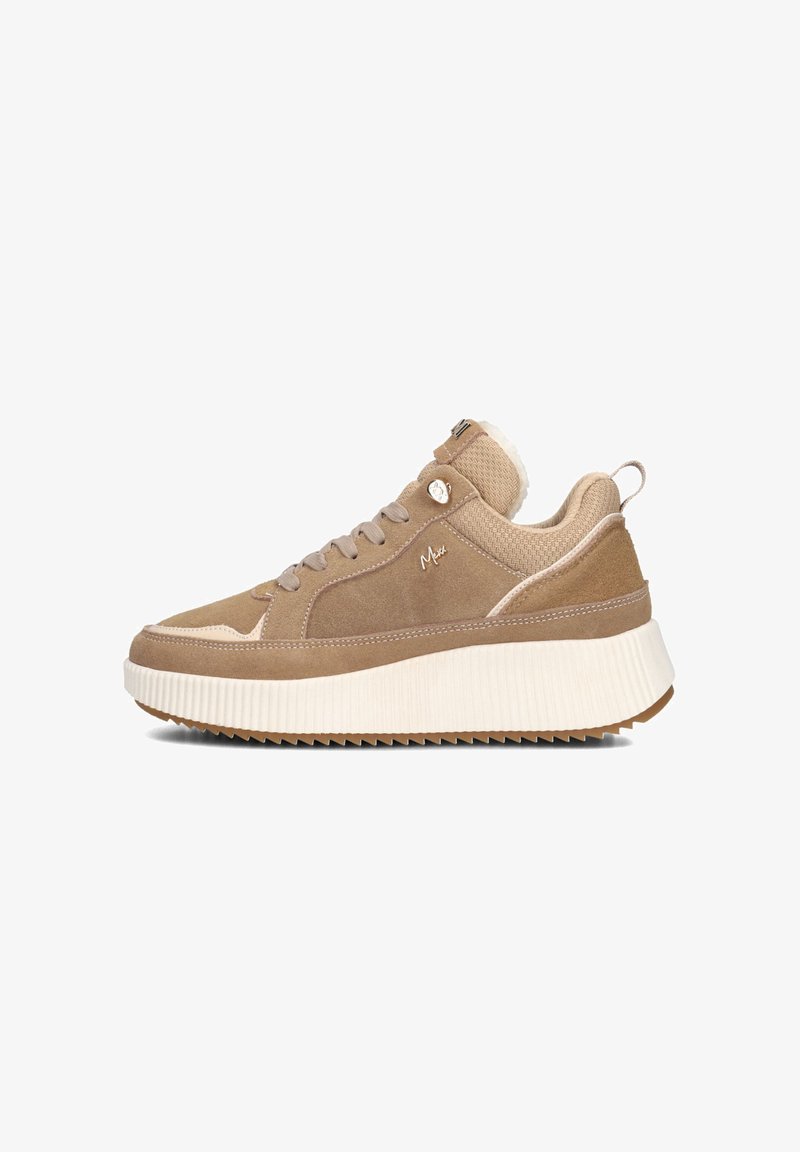Brown suede sneaker with a textured finish, round toe, plush collar, and thick white rubber sole. Features decorative stitching and a side zip.