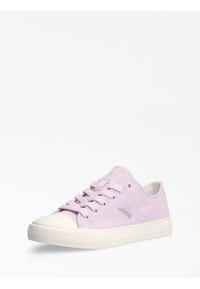 Sneaker in tela lilla con punta e suola in gomma bianca. Presenta un classico design con lacci e dettagli testurizzati sui lati.