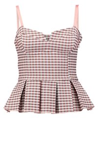 Top sans manches à motif carreaux rose et marron avec corsage ajusté, encolure cœur et ourlet péplum plissé.