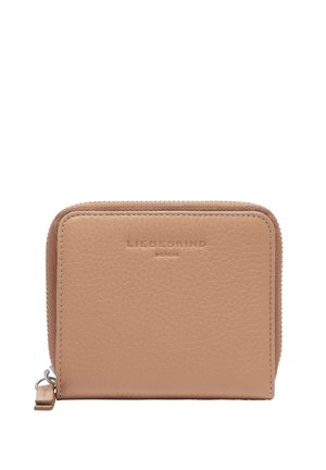 Zip-around wallet in light beige leather, featuring a textured surface, embossed brand logo, and a silver zipper pull.