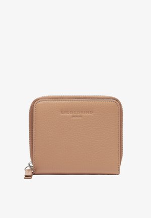 Zip-around wallet in light beige leather, featuring a textured surface, embossed brand logo, and a silver zipper pull.