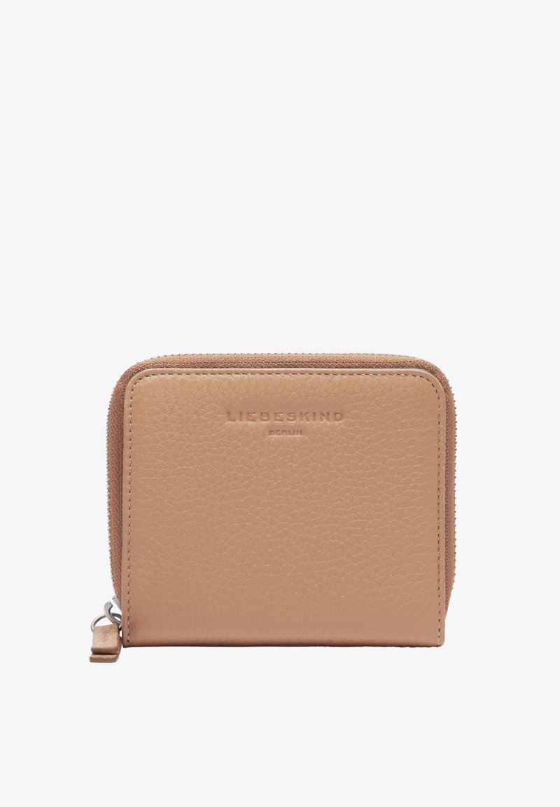 Zip-around wallet in light beige leather, featuring a textured surface, embossed brand logo, and a silver zipper pull.