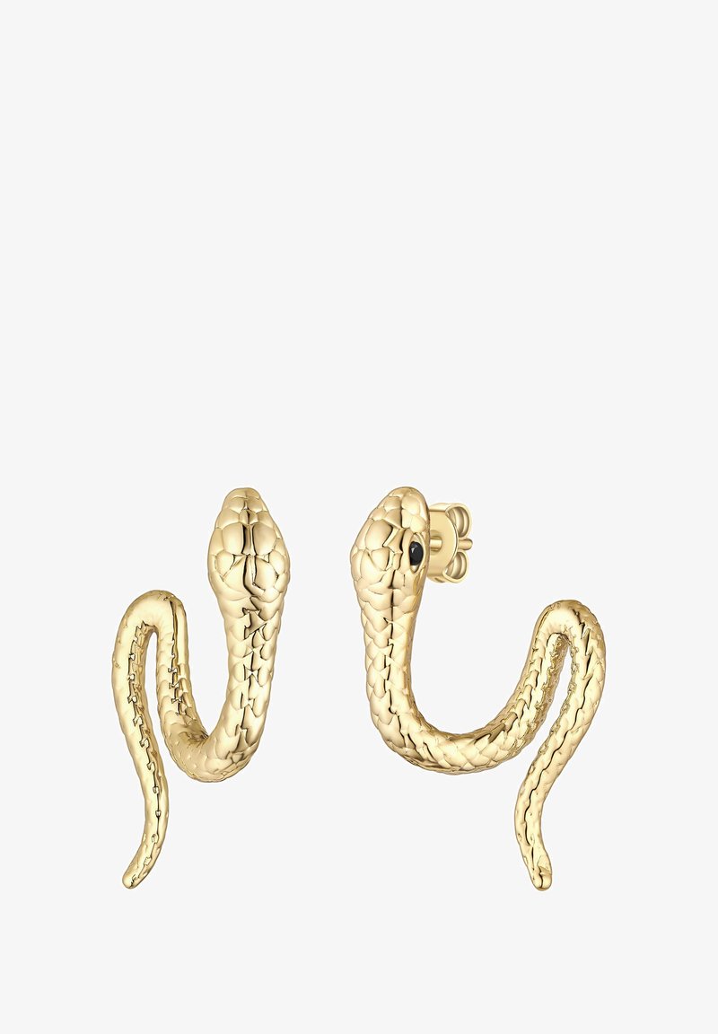 Zlaté náušnice v tvare hada s textúrovanými šupinami a čiernymi očami, skrútené do tvaru S s uzávermi na motýlik.