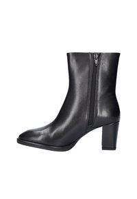 Black leather ankle boot with side zipper, pointed toe, and block heel.