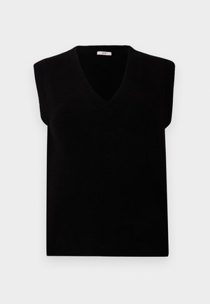 Black sleeveless sweater with a V-neck, made of soft material. Features ribbed detailing at the neckline and armholes. Simple, minimal design.