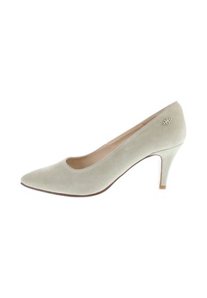 Beige suede women's pump with pointed toe, mid-height slim heel, and small metallic logo detail near the heel.