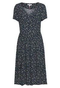 Vestido de estampado floral en un azul marino oscuro, con mangas cortas, escote en V y una cintura ajustada que se despliega en una falda hasta la rodilla.