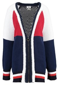 Stickad cardigan med ett färgblockdesign i marinblått, rött och vitt. Öppen framsida med en guldfärgad dragkedja, ribbade ärmavslut och ett strukturerat mönster.
