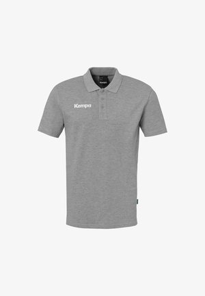 Grå polo shirt lavet af bomuld, med en klassisk krave, tre-knaps placket og "Kempa" logo i hvid på venstre bryst.
