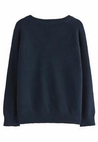 Maglione blu navy, realizzato in morbido tessuto a maglia, con scollatura rotonda e polsini e orlo ribattuti. Design semplice senza motivi o dettagli.