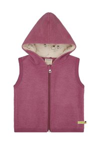 Fleece vest in mauve met een capuchon, voorrits en crèmekleurige voering met schapenpatronen. Label aan de zoom met merkembleem.