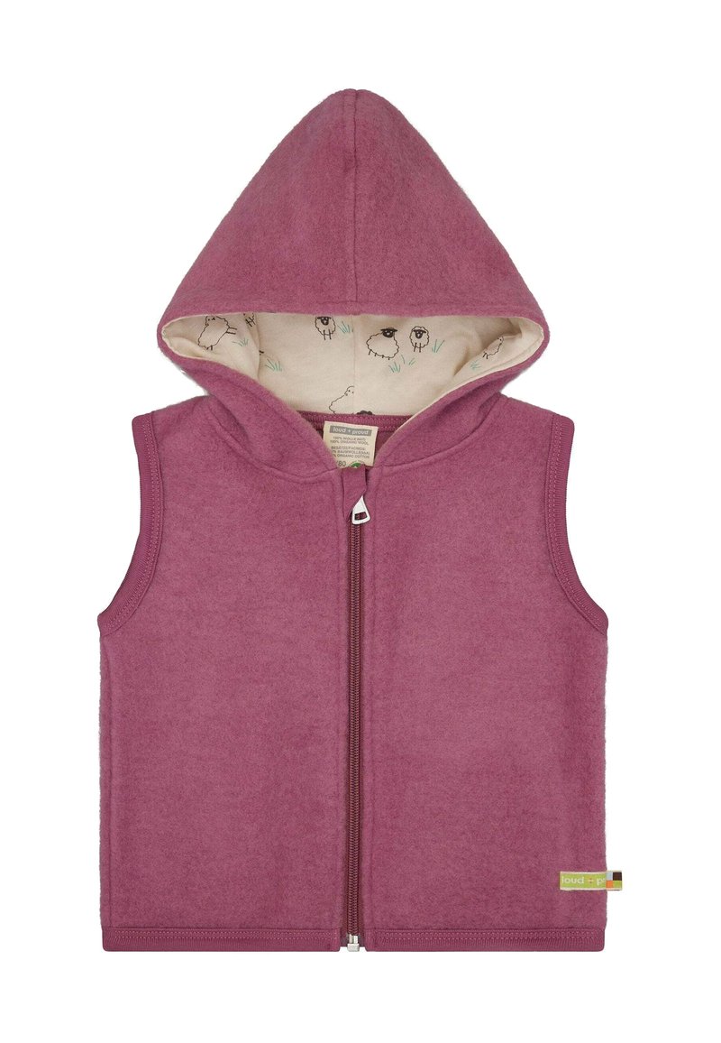 Fleece vest in mauve met een capuchon, voorrits en crèmekleurige voering met schapenpatronen. Label aan de zoom met merkembleem.